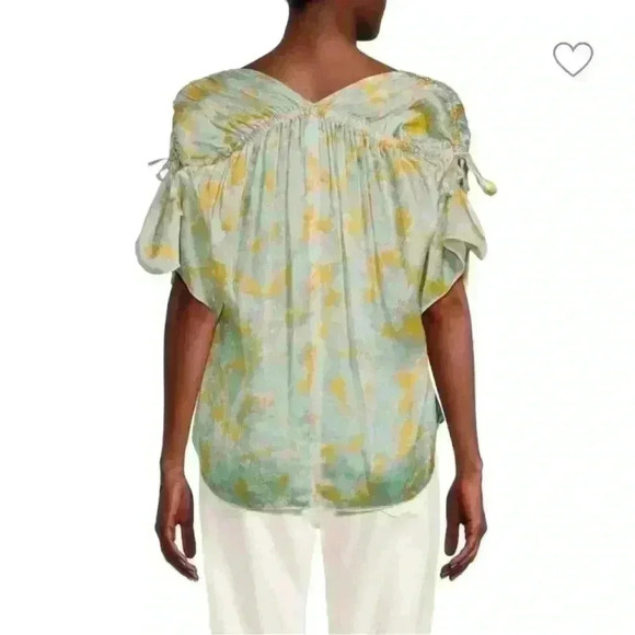 Vince Blouse Lotus Ruched Silk Top Floral Print Aqua Pink Yellow Size XS/S - Picture 3 of 10